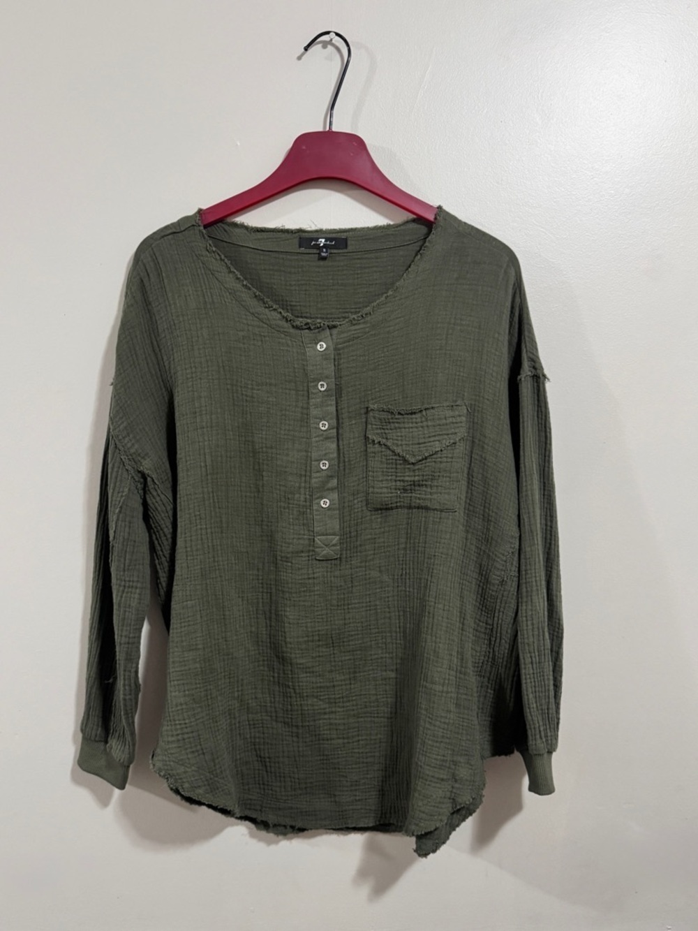 100% Cotton Shell 7 For All Mankin Olive Green Textured Henley Top